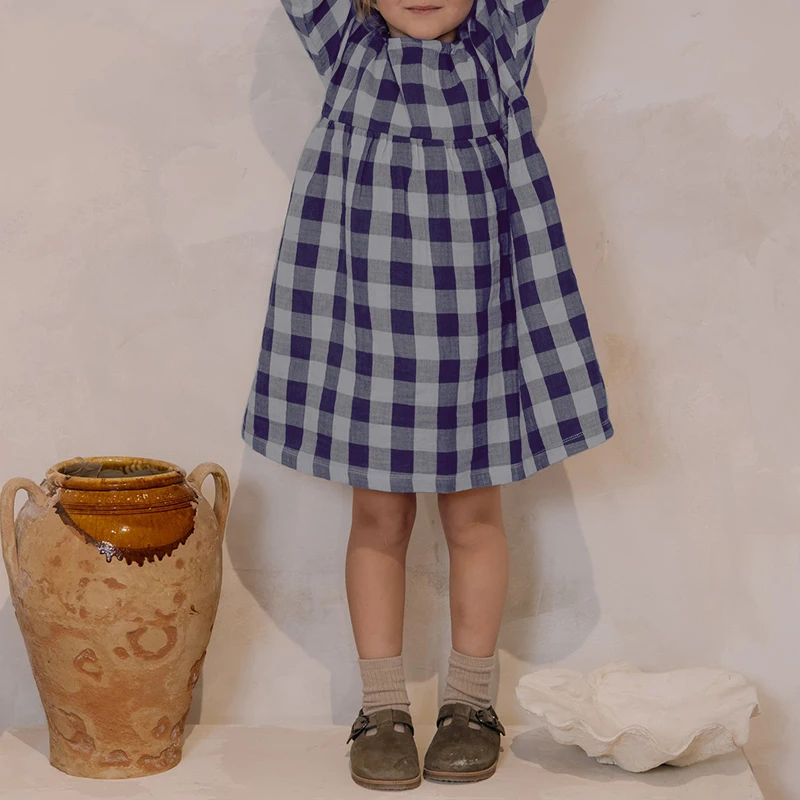 100% Muslin Cotton Girls Retro Blue Plaid Dress 2024 Summer New Baby Girl Flowy Loose Soft And Comfortable Short Sleeved Dresses