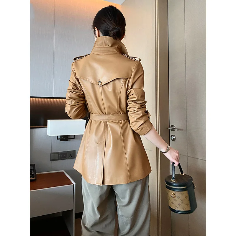 Giacca da donna in vera pelle, capispalla alla moda, vita media, cintura, trench in pelle di pecora, primavera e autunno