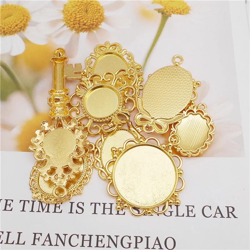 Julie Wang 1 Set Blank Bezel Cabochon Setting Gold Color Tray Charms With Glass Pendant Necklace Jewelry Making Accessory