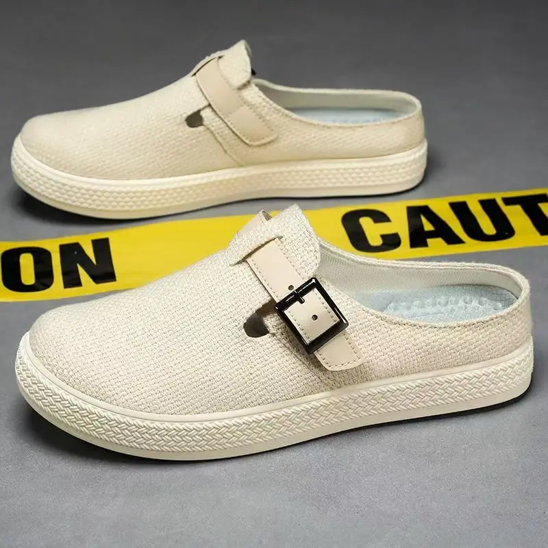 

Мужские летние парусиновые тапочки Baotou на плоской подошве, нескользящие дышащие уличные полутапочки на мягкой подошве, нескользящие дышащие уличные полутапочки, ленивые тапочки с защитой от запаха