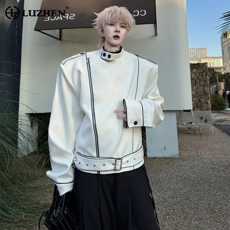 

LUZHEN дизайнерская оригинальная уличная одежда с наклонной молнией, свободная куртка для мужчин, весна 2024, новая мода, украшение с поясом, пальто JY4723