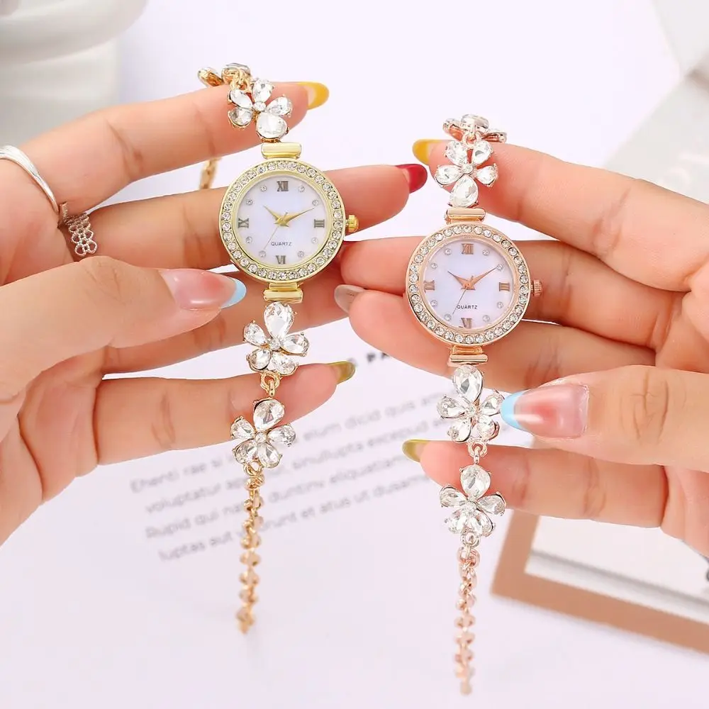 Roman-Scalped Quartz Bracelet Watch Gemstone Flower Clasp Diamond Embedded Luxury Women Quartz Watch Alloy Case Adjustable