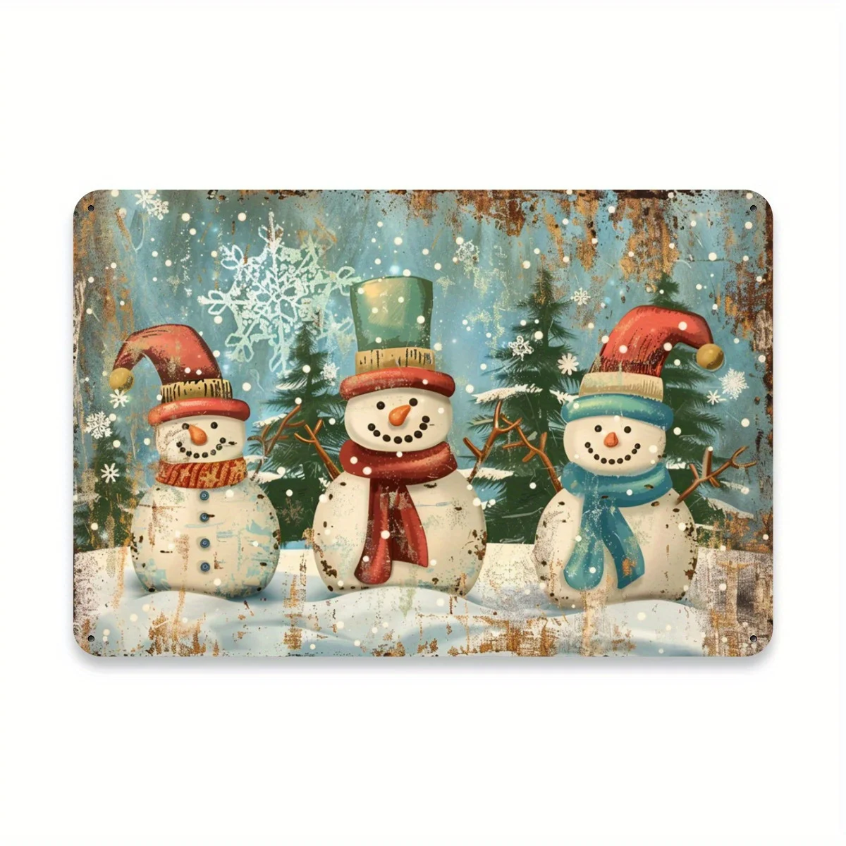 Panel metálico vintage de Navidad con diseño de muñeco de nieve, decoración artística de pared de hierro, pintura en estaño de muñeco de nieve rústico