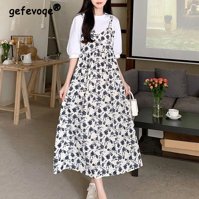 

Women's Clothing 2023 Summer Fashion Floral Printed Patchwork Beach Midi Dress Sweet Chic Short Sleeve Streetwear Casual Dresses