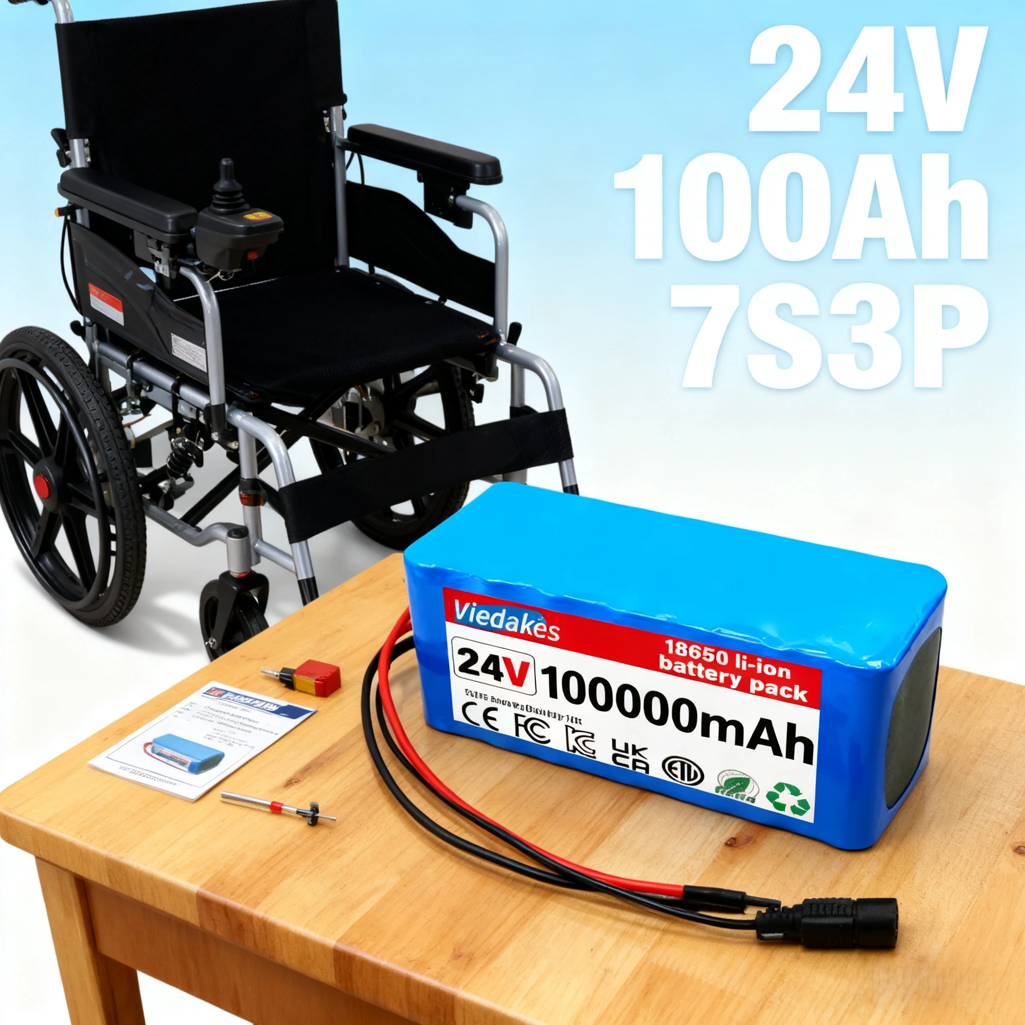 

VIEDAKES original 24V 100Ah 7S3P 18650 Li-ion Battery Pack 29.4V + 2A Charger for Bicycle Moped /wheelchair/toy car/e-scooter