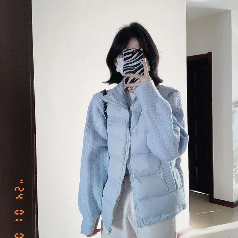 

Синяя вязаная хлопковая куртка в художественном стиле, модная толстая и теплая зимняя дизайнерская хлопковая куртка для женщин