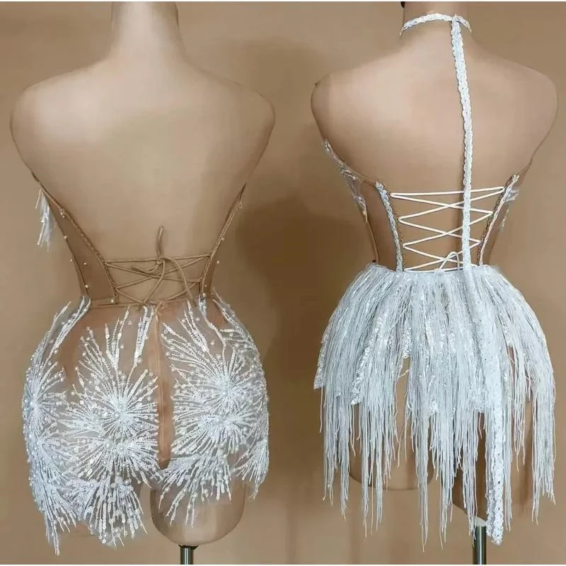 شير اللؤلؤ الترتر مفتوح الظهر فستان قصير براقة مثير الوهم العنق للمطربين وعروض الحفلات ملهى ليلي #5