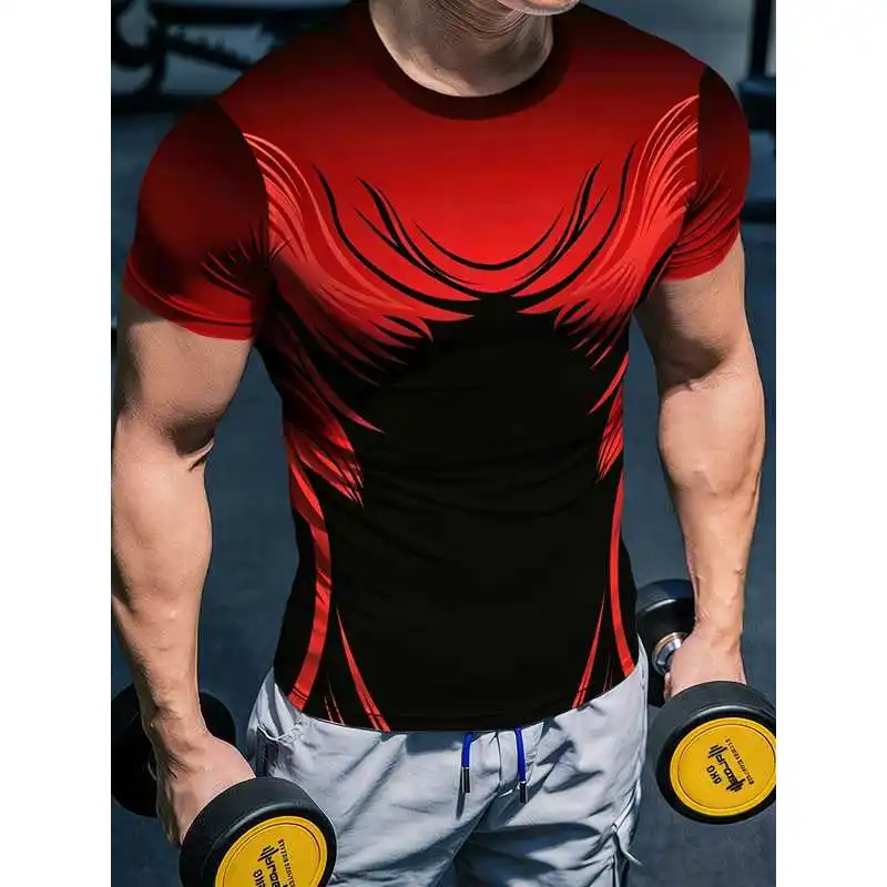 Mecha Functional Style Men's Gym Workout T-Shirt Weightlifting Running Cycling Strength Training Top Red Black Gradient Wing
