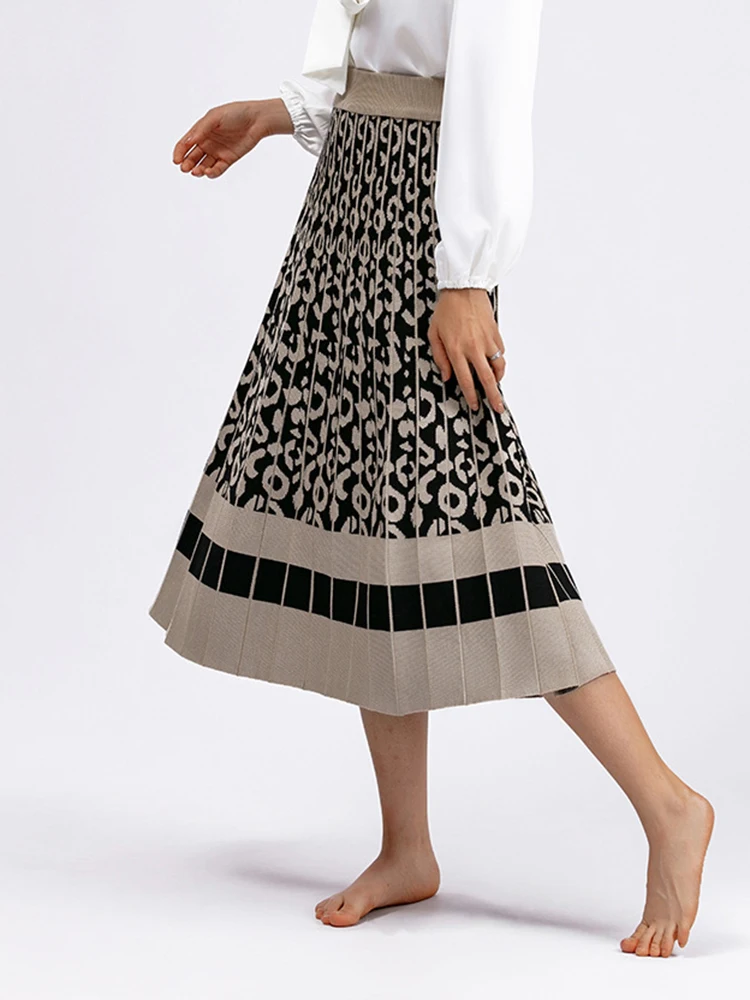 Outono e inverno nova saia midi de malha contrastante com estampa de leopardo retrô para mulheres, estilo médio a longo