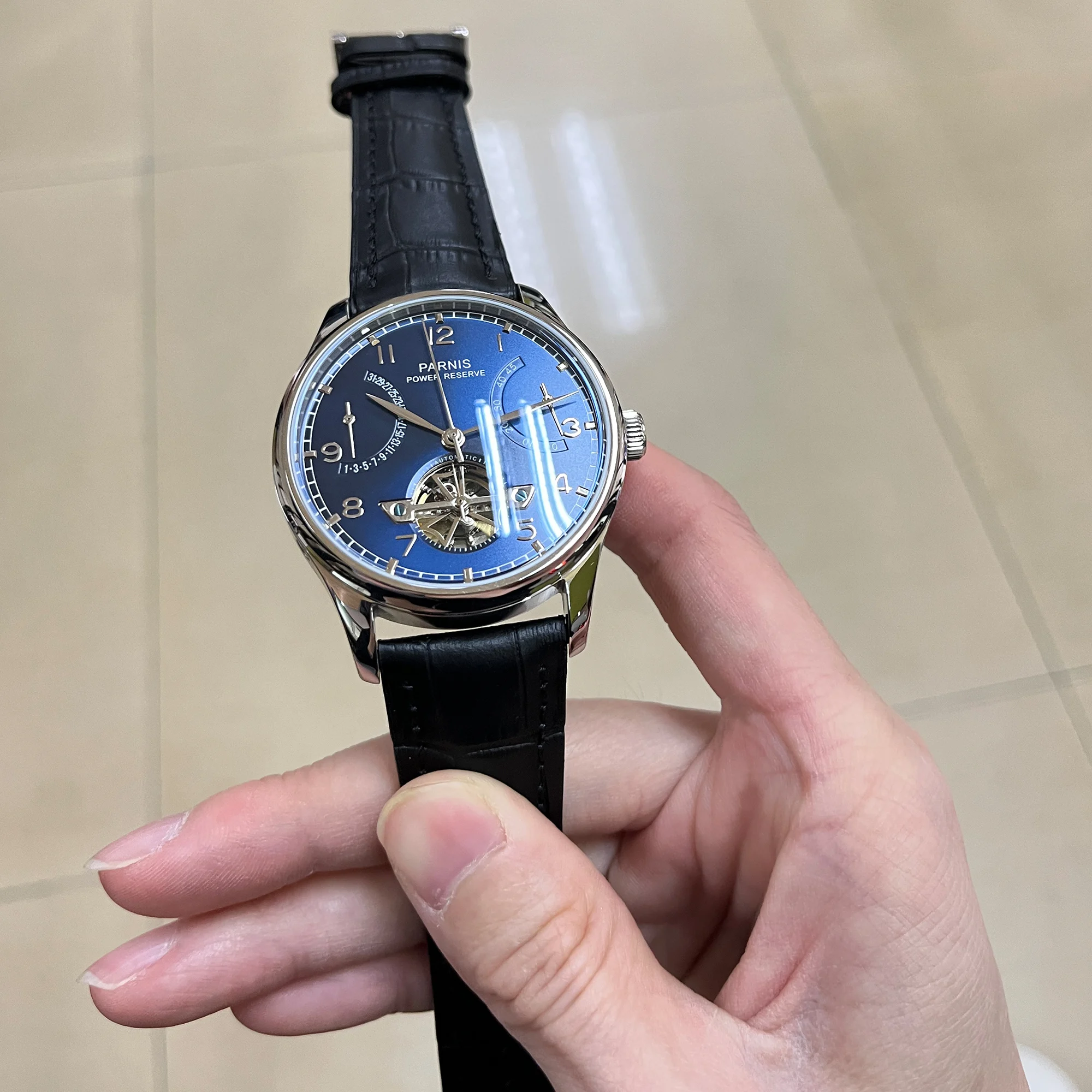 

Fashion Parnis 43mm Blue Skeleton Dial Automatic Mechanical Men's Watch Leather Strap Tourbillon Sports Watches Man Gift Clock
