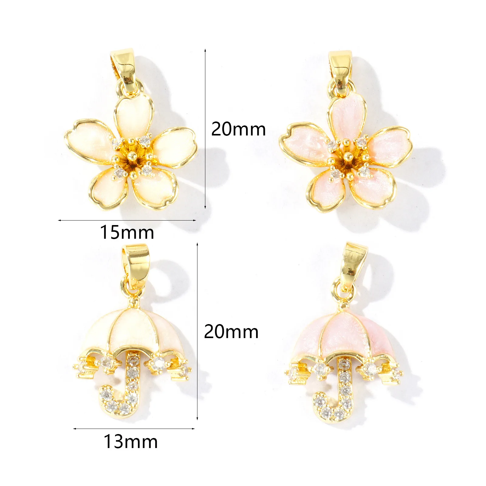 2 Stück 18k vergoldete Anhänger mit transparentem Zirkon, Perle, Regenschirm, Blume, Melonenkern, Schnalle, Messinganhänger für DIY-Halskettenherstellung. – Detail 1