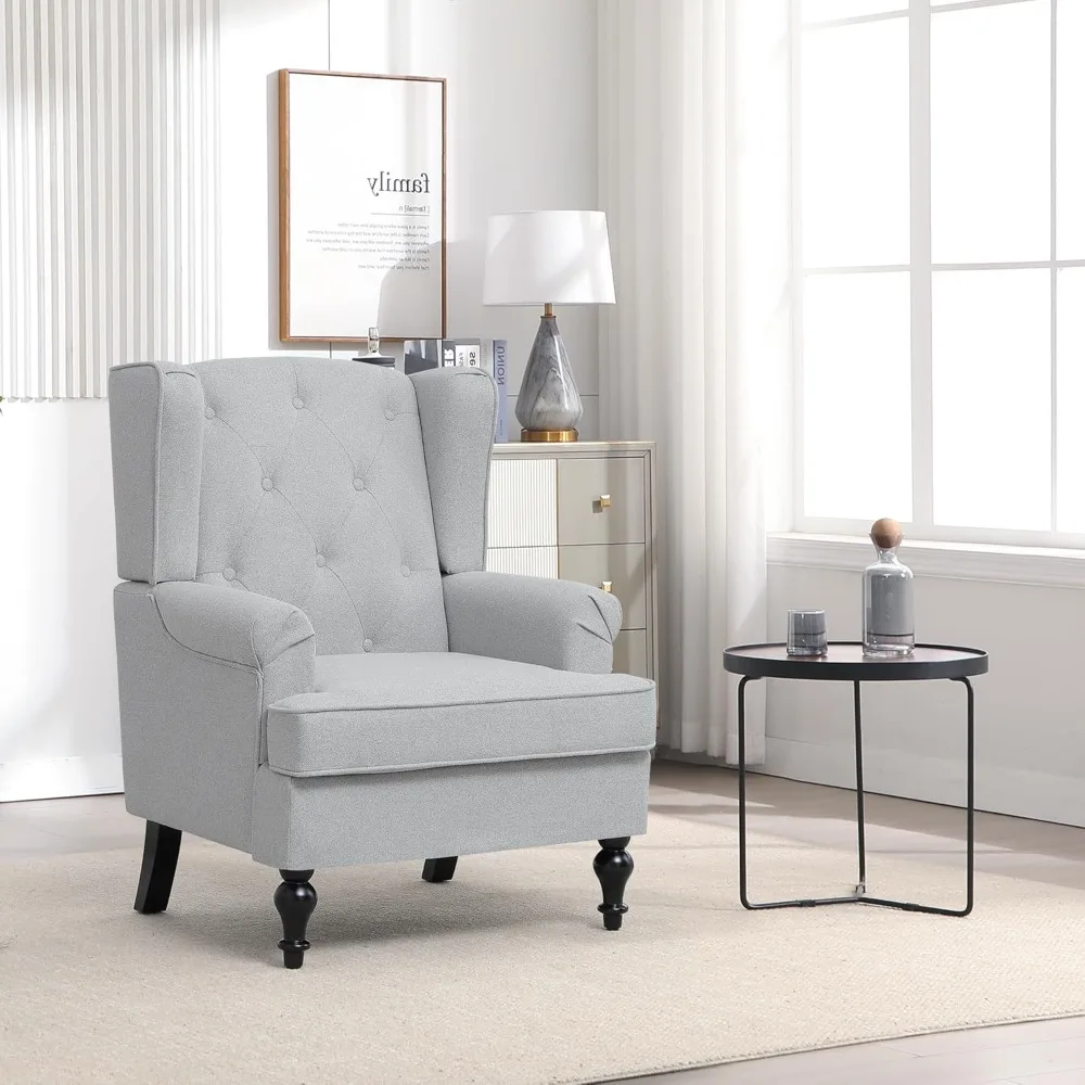 كرسي بذراعين عصري من منتصف القرن لغرفة المعيشة - كرسي منجد عالي الظهر بتصميم معنقدة وأرجل من الخشب الصلب