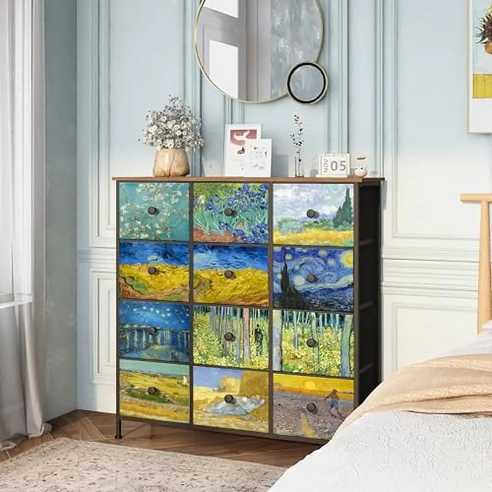 12-Drawer Van Gogh Fabric Dresser Storage Tower Bedroom Living Room Hallway Tall Wooden Chest of Drawers Organizer Tower