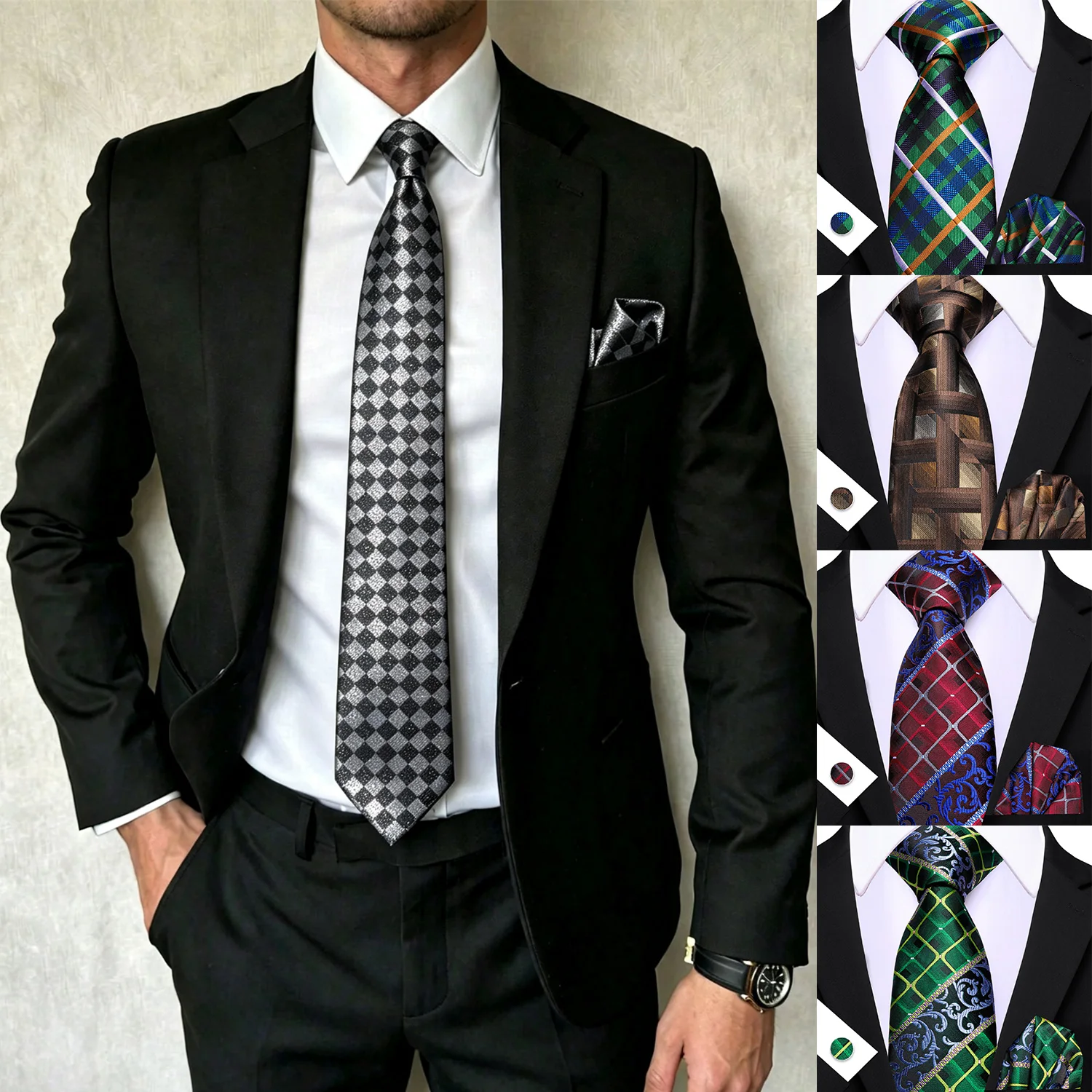 Mens Diamond Check Tie 3pcs Set, Including Pocket Square And Cufflinks, Ideal For Business, Wedding, Banquet, Formal Wear