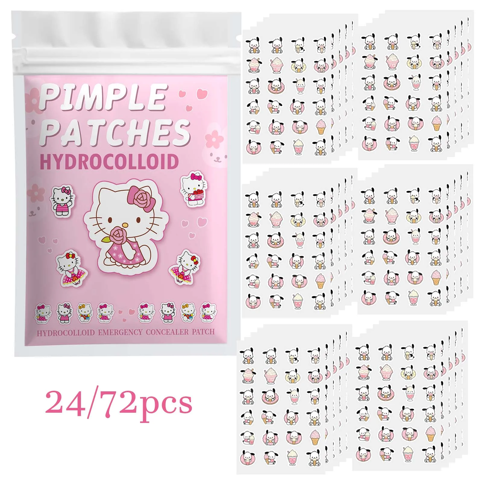 24/72PCS Sanrio Hello Kitty Hydrogel Acne Patches Salicylic Acid Centella Soft Cover Spots Invisible