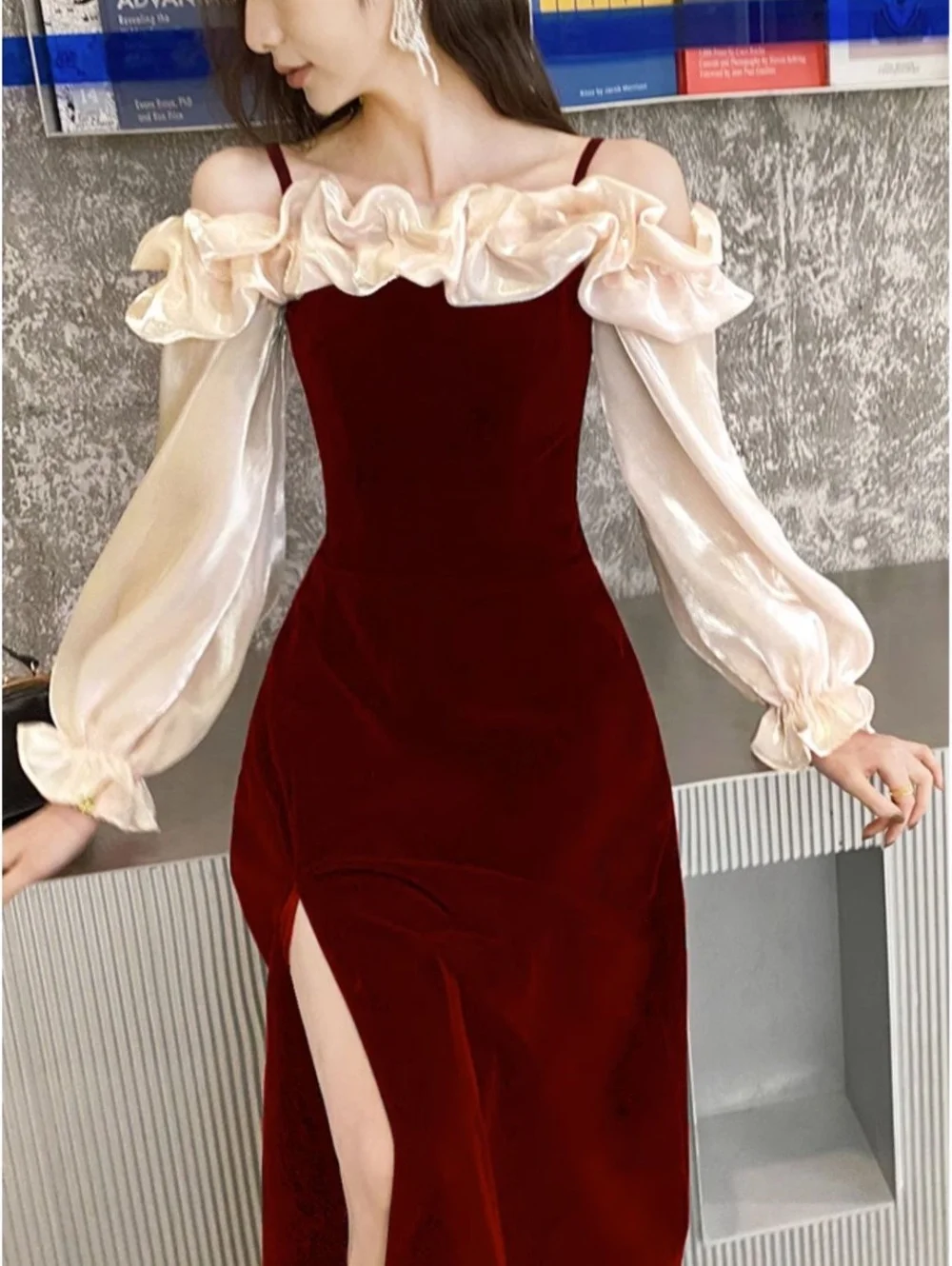 Women Off Shoulder Evening Dress Long Sleeve Banquet Gowns Ruffle Split Prom Dresses