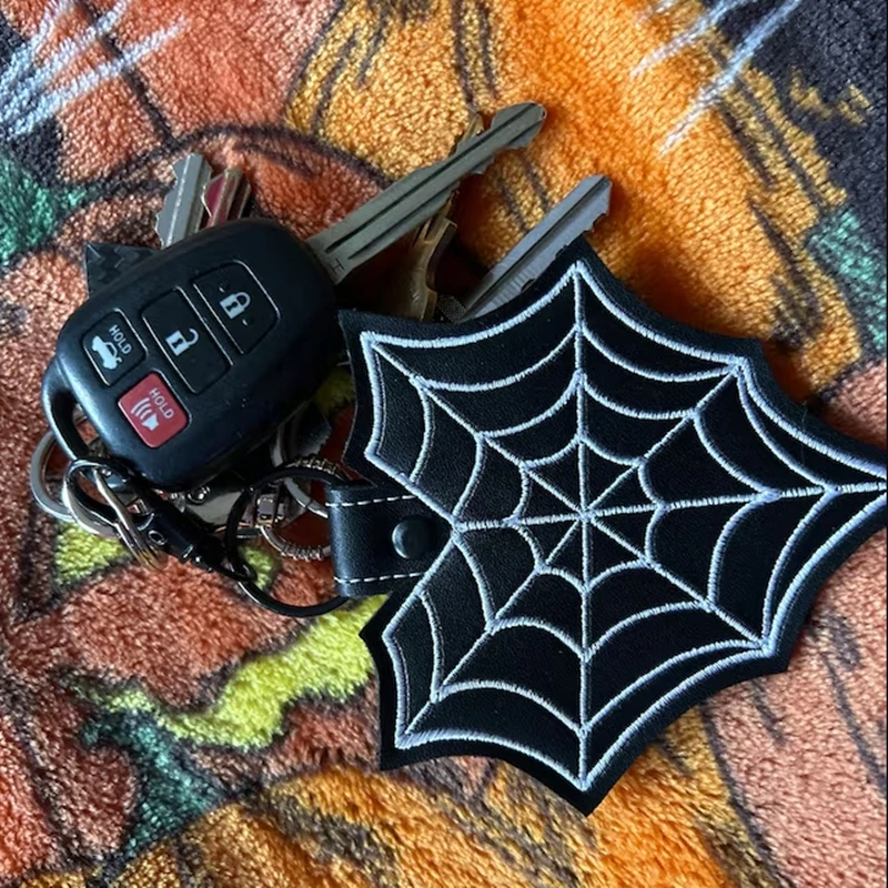 Spider Web Heart Embroidered Faux Leather Keychain