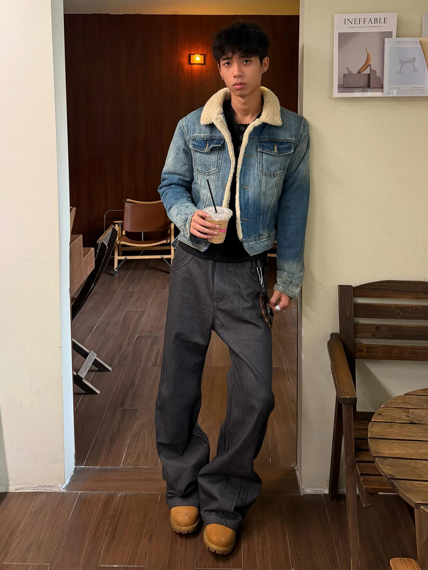 

Loose Fit Casual Blue Lamb Velvet Denim Jaet Cotton Workwear for Men Autumn Winter Fce Lined Flip Collar Jeans Coat