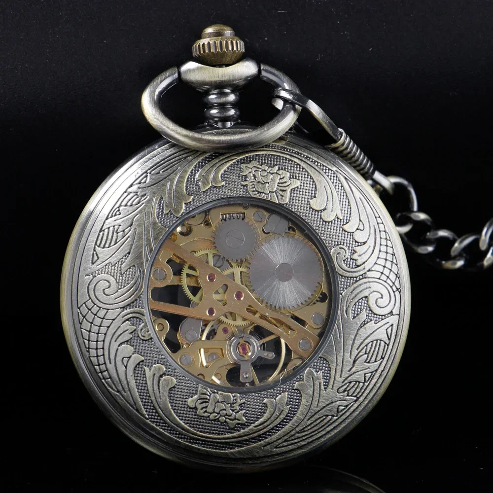 Retro Flower Hollow Skeleton Automatic Mechanical Pocket Watch Mens Fob Chain Steel Exquisite Sculpture Women Roman Numerals