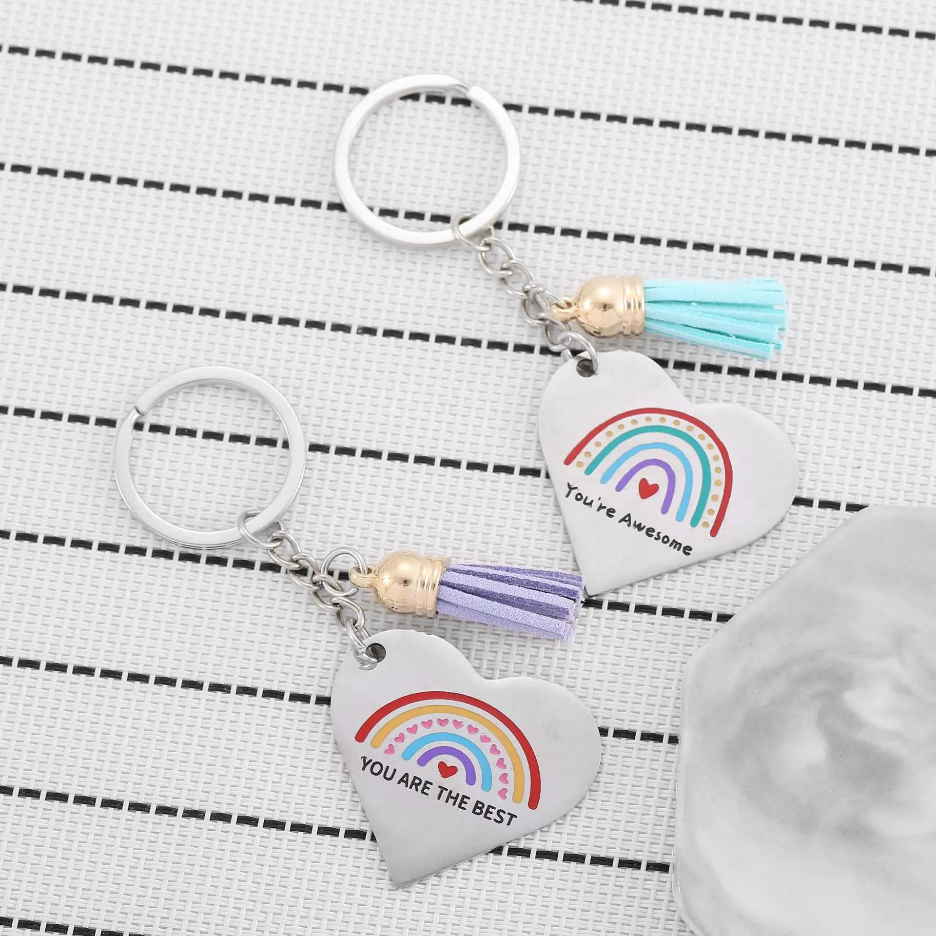 سلسلة مفاتيح من الفولاذ المقاوم للصدأ بألوان قوس قزح، قلادة جلدية مهدب، قلادة DIY، هدية لصديقتك، سلسلة مفاتيح نسائية. #4