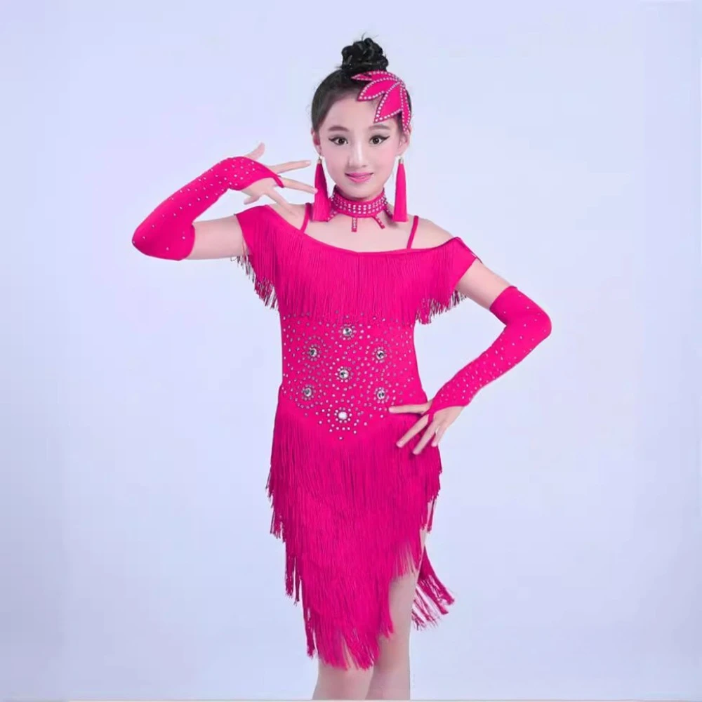 Girls Latin Dance Dress Summer Kids Sequin Tassel Skirt Children Professional Practice Wear Ballroom Competition Stage Show