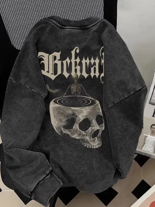 

k Sle Skull Print Waed Sweatirt round Ne Spring Autumn ex Cotton Comfortable Breathable Sweatirt