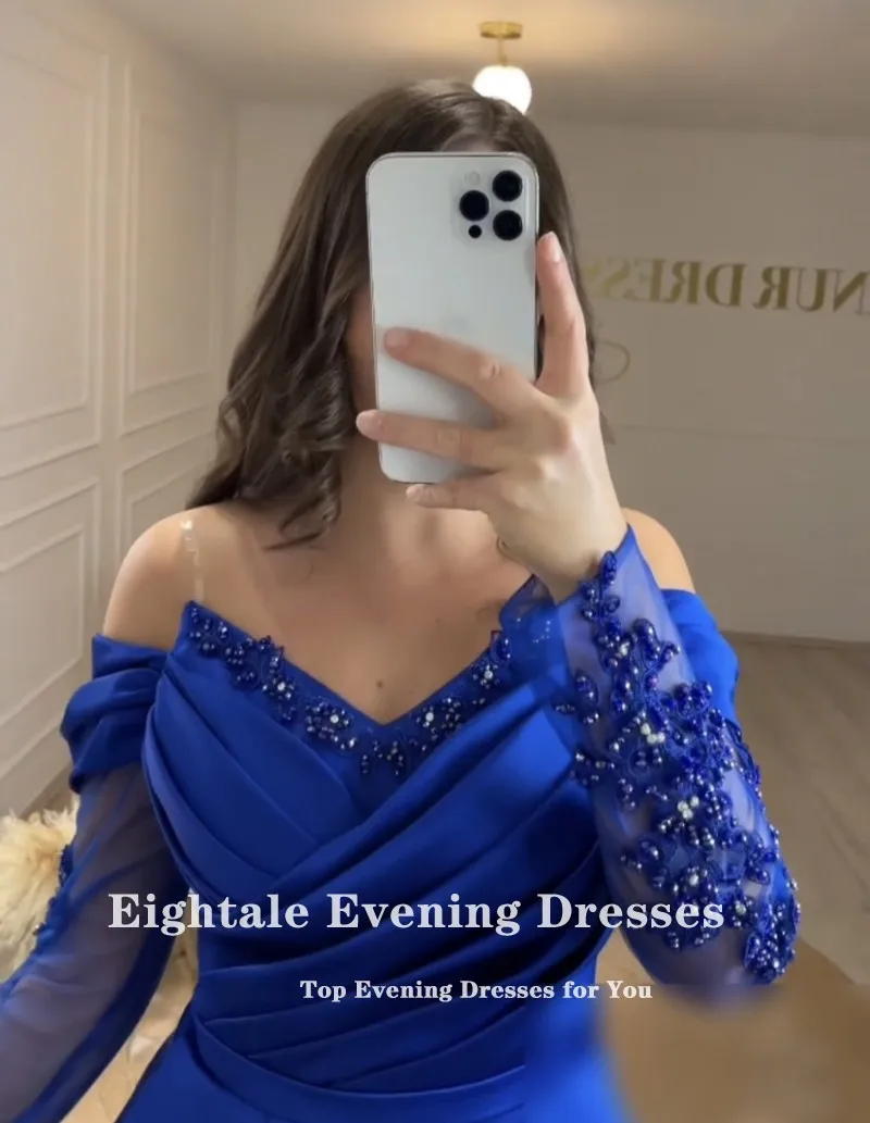 Eightale-vestido de noche azul real para boda, vestido de fiesta de satén con apliques de cuentas, manga larga, plisado, elegante, línea A, para graduación