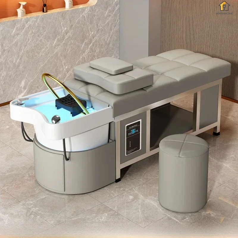 Barber shop dedicated Ceramic basin head therapy shampoo bed stainless steel shampoo bed with water circulation and fumigation.