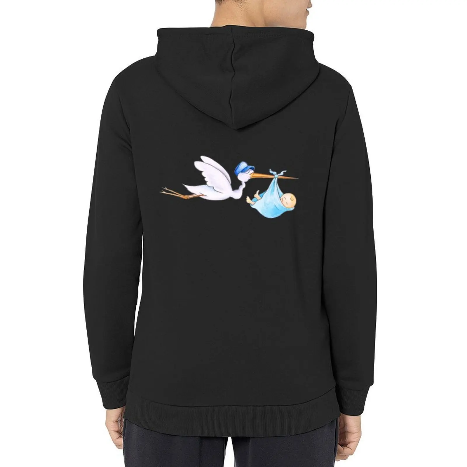 

Stork delivering baby boy cute whimsical watercolor art Hoodie autumn jacket men men's winter sweater tracksuit