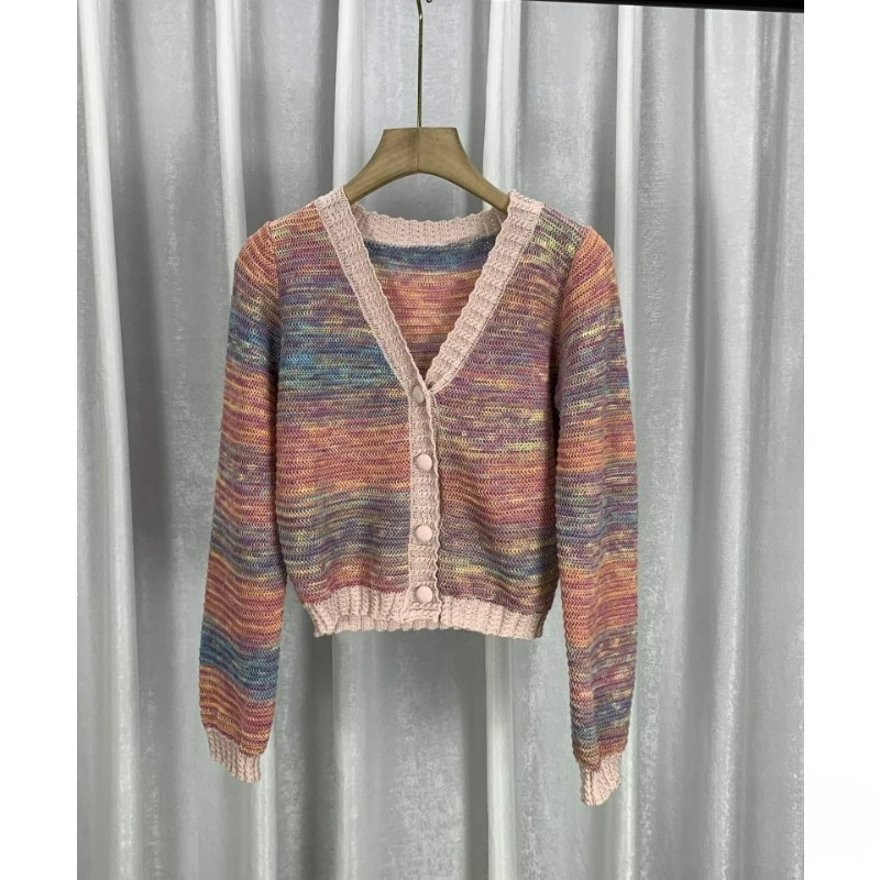 

New Worsted Spring and Autumn Women Cardigan V-Neck Knitwear Contrasting Color Fashion High-grade Tops Baggy Long Sleeve B118