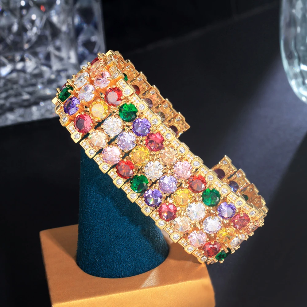 BeaQueen Big Round Colorful Full CZ Stones Setting Bracelet Bangle High End Dubai Gold Plated Jewelry for Women Prom Dinner B268