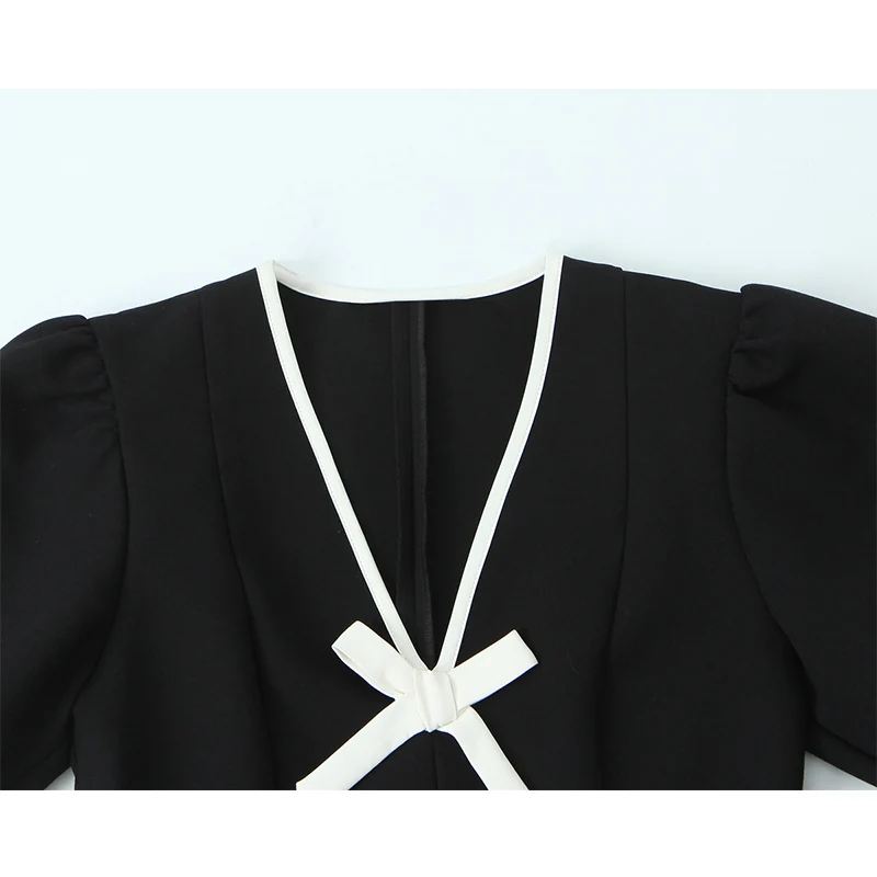 Vestido de moda feminina 2025 verão outono novo elegante arco decoração mangas curtas vestido feminino altura rua vestido de festa