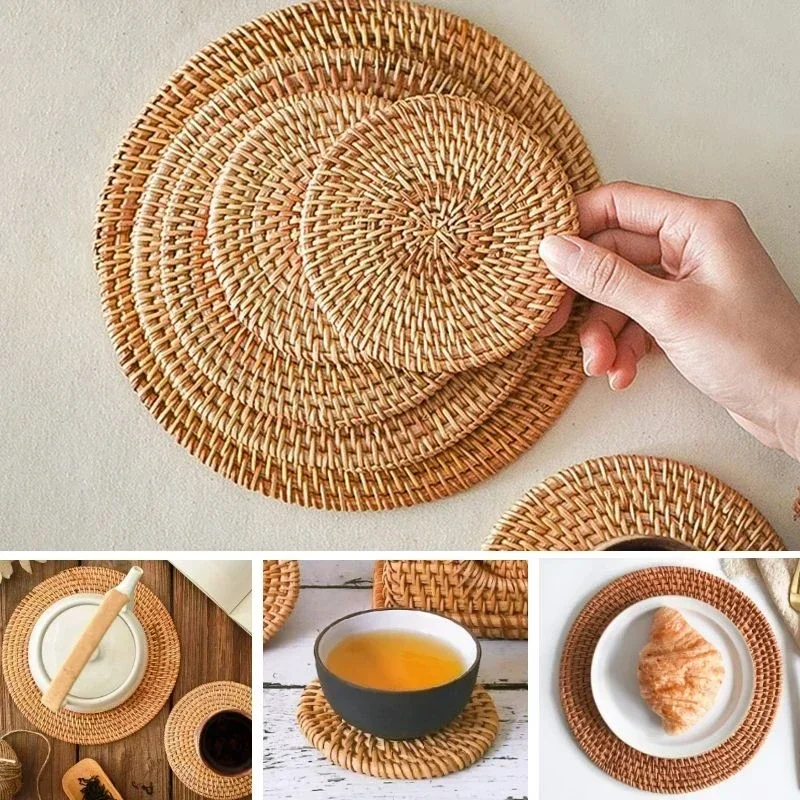 New Cup Mat Round Natural Rattan Hot Pad ,Hand Woven Hot Insulation Placemats Table Padding Kitchen Decoration Accessories