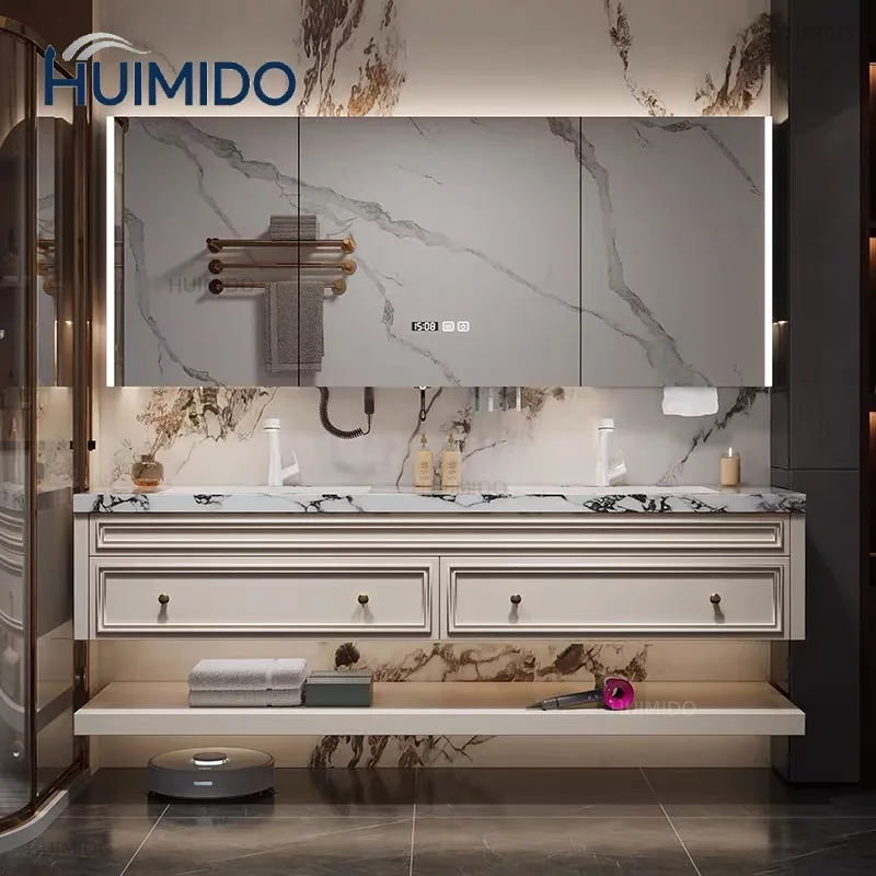 French-Style Seamless Integrated Double Basin Oak Bathroom Vanity Unit with Washbasin And Sink for Enhanced Bathroom Elegance