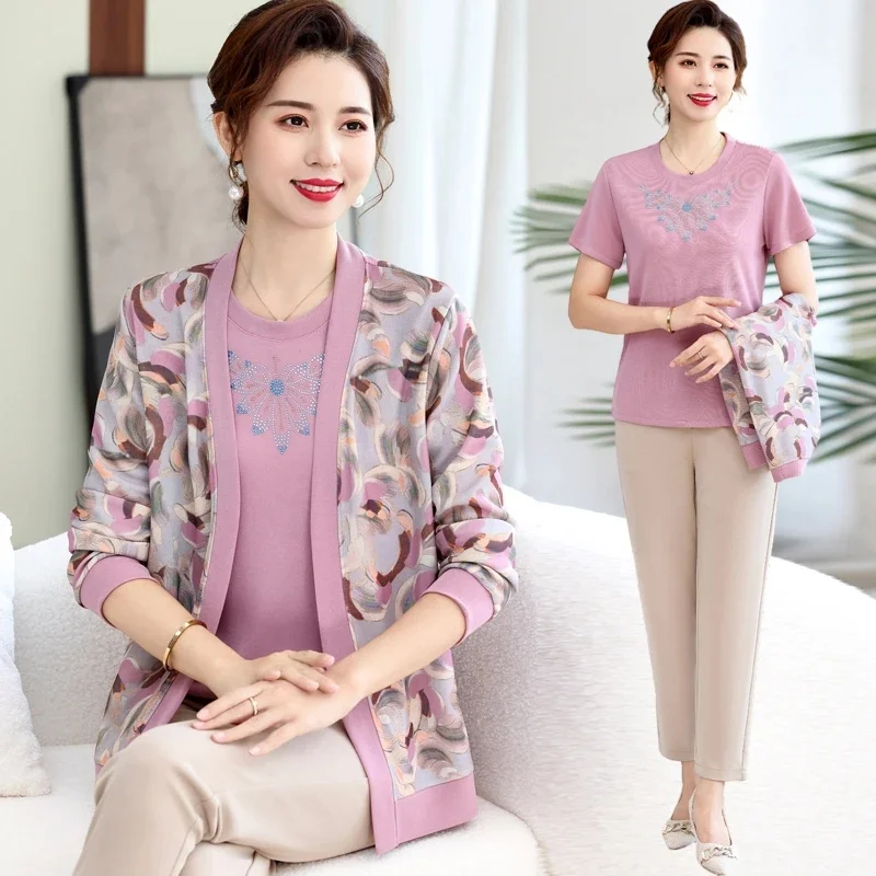 Women knitted Tops 2025 New Spring Autumn Long Sleeve Cardigan Two Pieces Suits Large Size Middle Age Female Elegant 2PCS Set