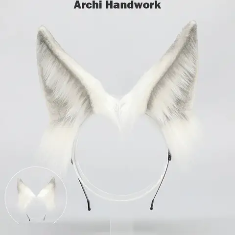 Archi Handwork Animal Arctic Fox Ears Headwear White Fluffy Headband Hairhoop Fursuit Cosplay Exhibition Props