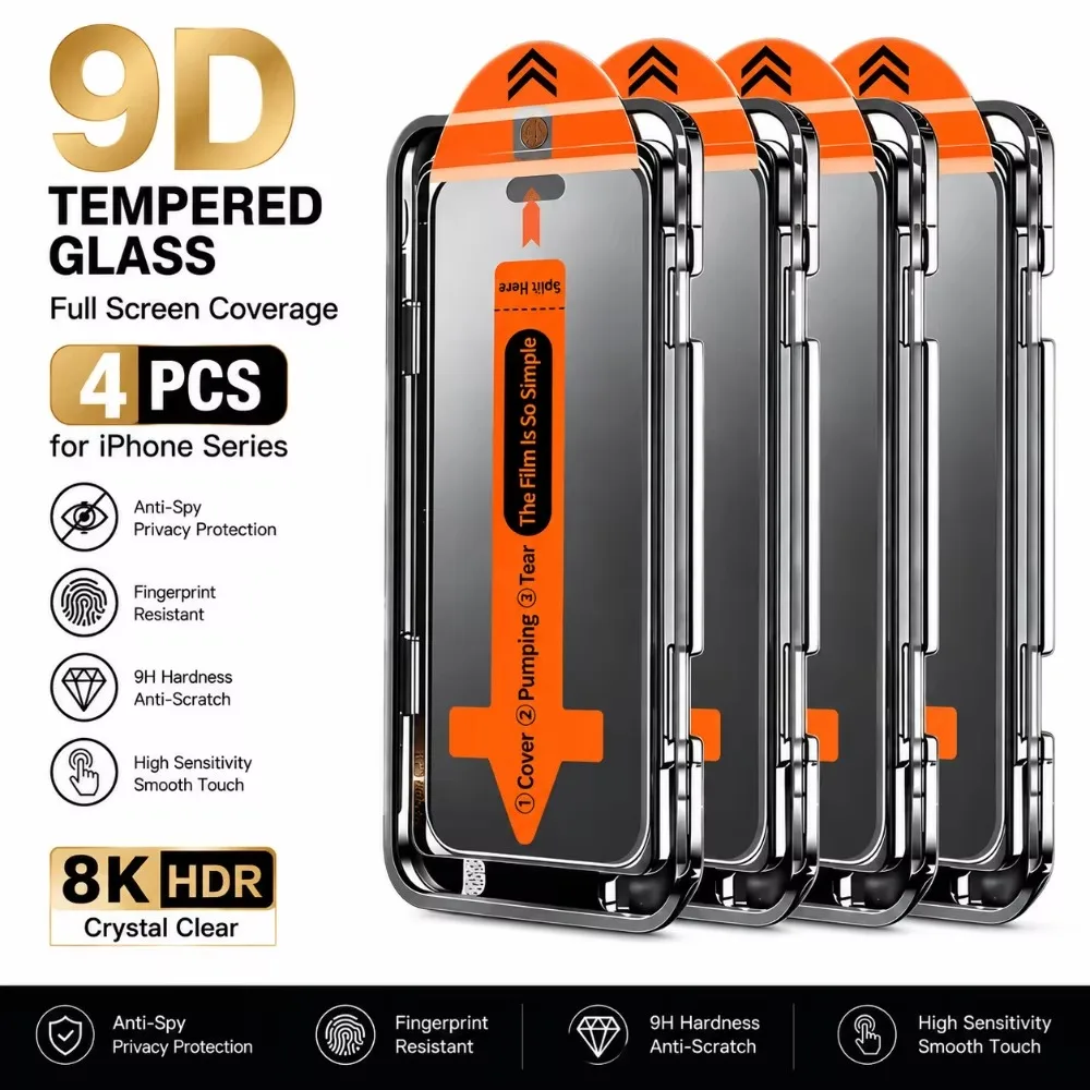 1-4 قطع من واقي الشاشة الخاص بالخصوصية لهواتف iPhone 18 Pro Max و17 و16 و15 و14 و13 و12 و11 Pro Max و12 و13 Mini و16e Air، زجاج مقوى مضاد للتجسس.