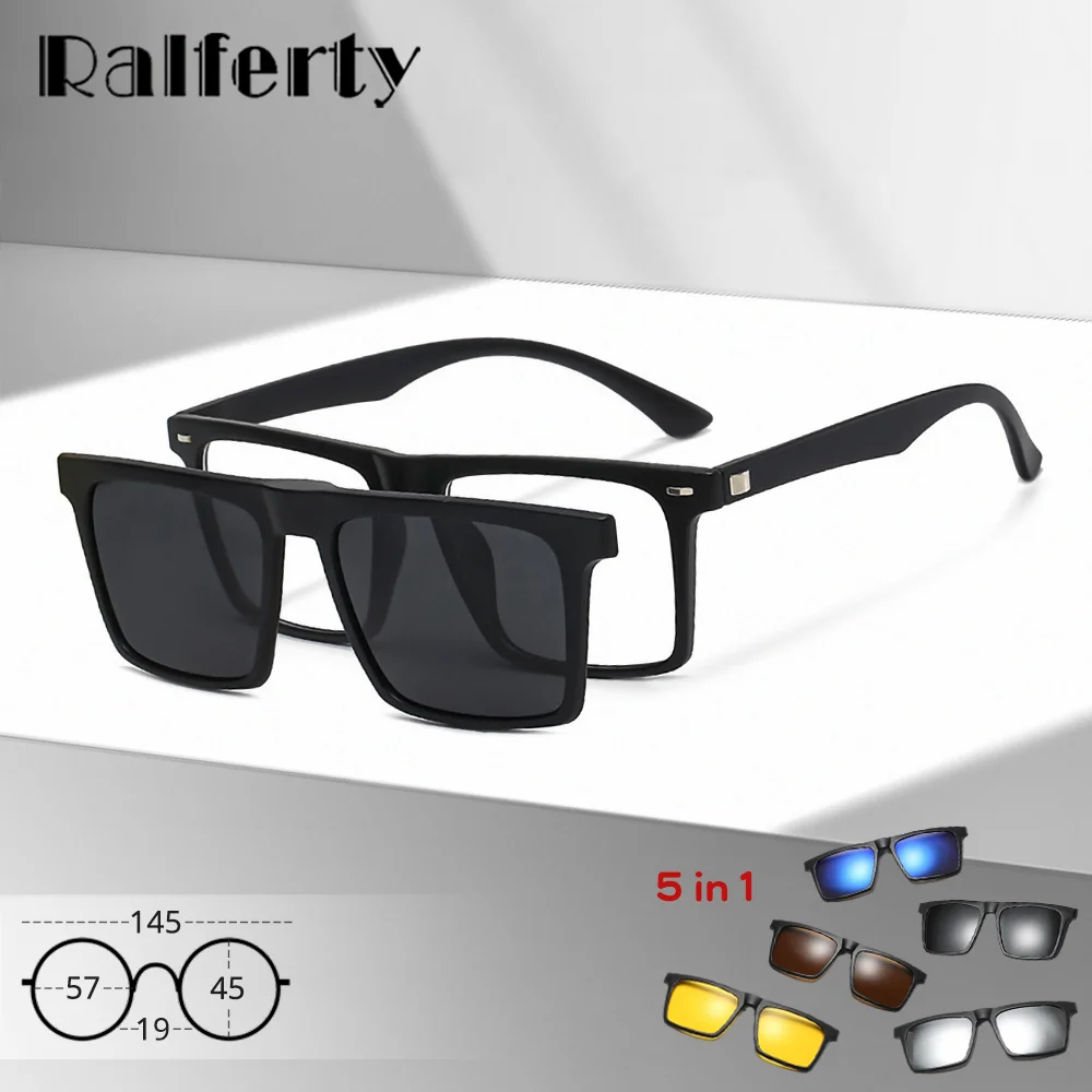 Ralferty TR90 Magnetic Sunglasses Men Women 5 In 1 Clip On Glasses Magnet Eyeglasses Frame Big Square Prescription Optical Frame