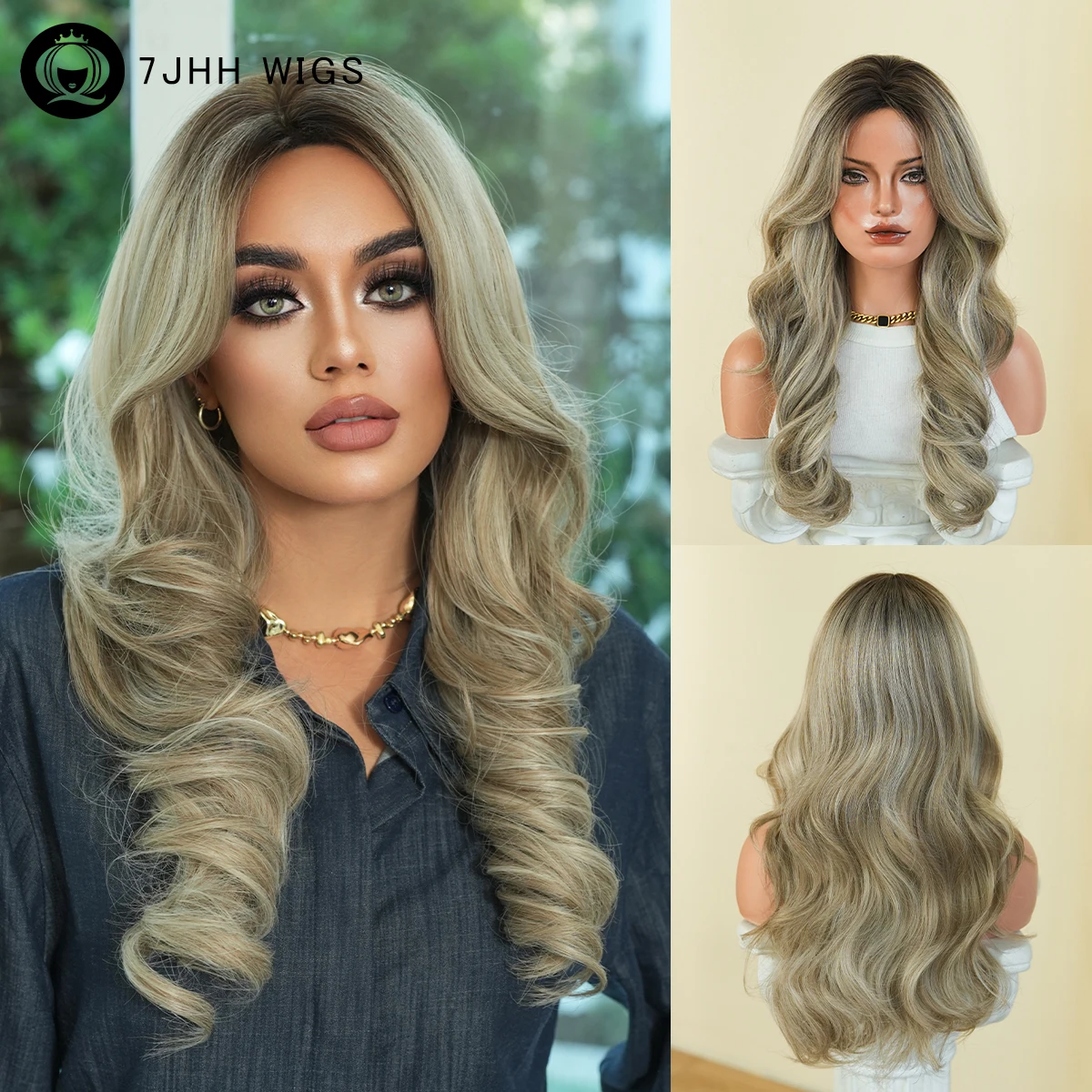 7JHH WIGS Lange, gewellte, aschbraune Perücke für Damen, synthetisch, modisch, mit Mittelteil, sofort tragbar, coole braune Perücken mit dunklem Ansatz