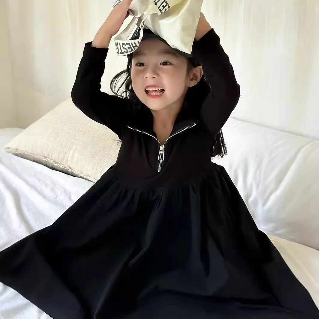 Girls Casual Dresses Black Long-sleeved Zipper Patchwork Dress Toddler Girl Clothes Party Dress for Kids Girl 2 To 7 Years