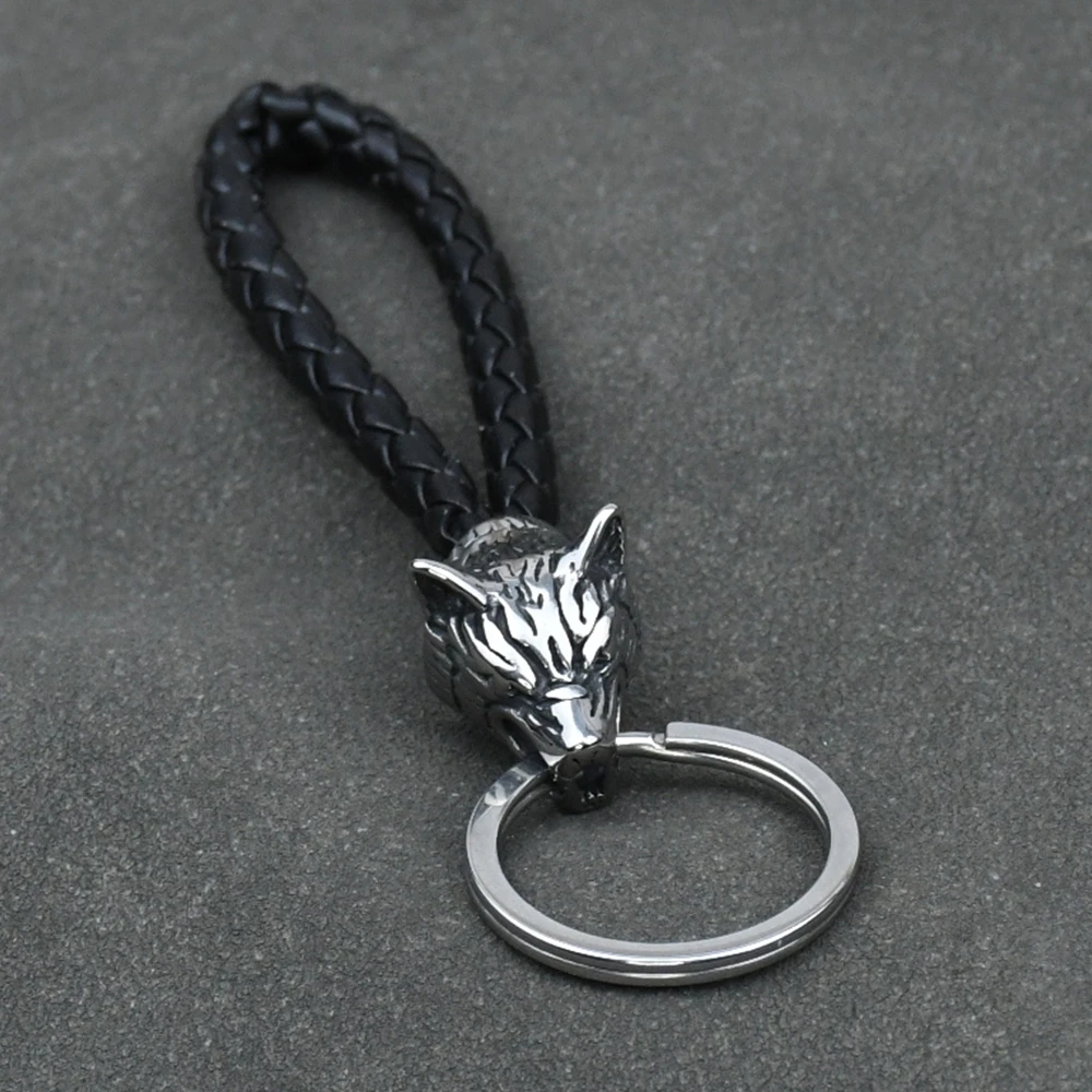 1Pcs Stainless Steel Wolf Amulet Jewelry PU Braided Woven Leather Keychain Viking Accessories Key Ring For Knife Car Decoration