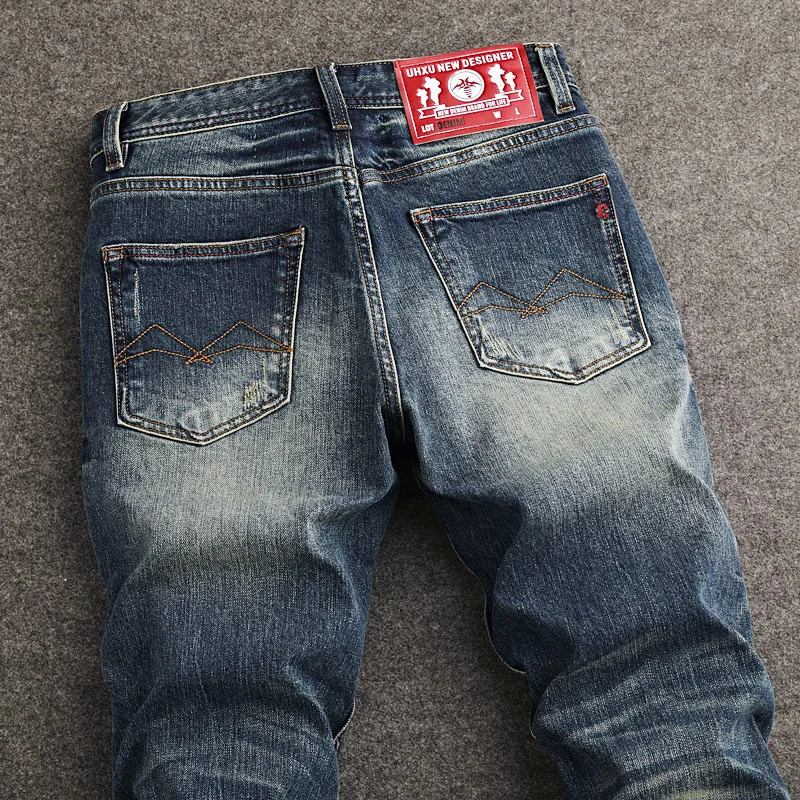 Fashion Designer Men Jeans High Quality Retro Washed Blue Stretch Slim Fit Ripped Jeans Men Y2K Vintage Denim Pants Hombre