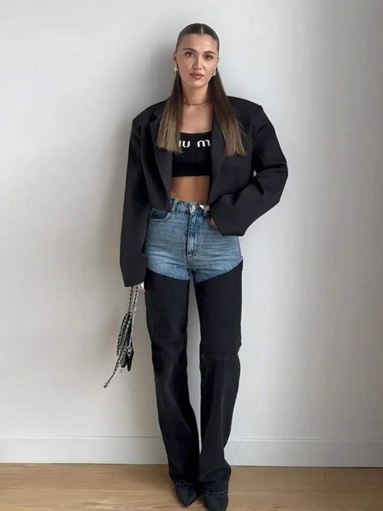 Fashion Contrast Patchwork Jeans Women 2026 High Waist Zippers Straight Denim Pants Lady Zippers Button Pocket Street Trousers