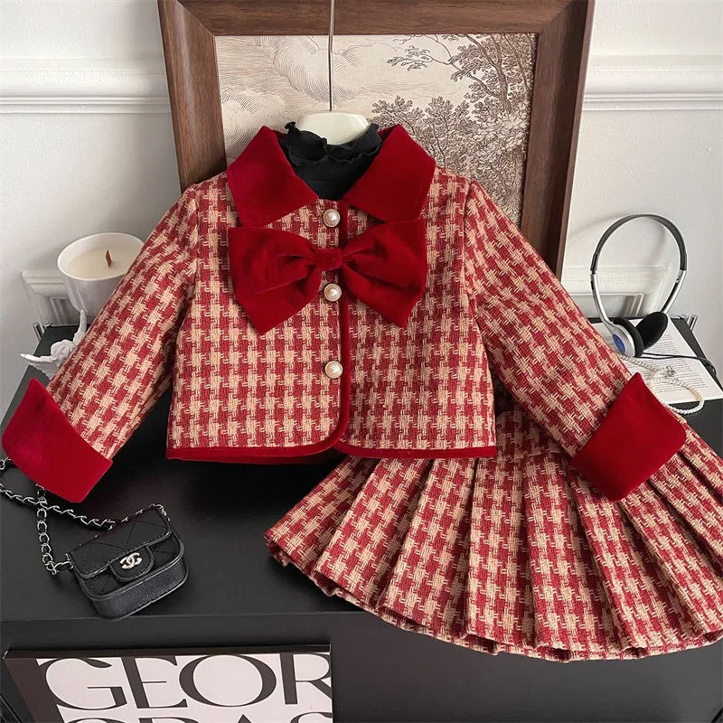 

Girls Set S 2025 Autumn Winter Korean Style Fashion Trendy New Year Elegant Red Bow Plaid Long Sleeve Coat Skirt Two Piece Set