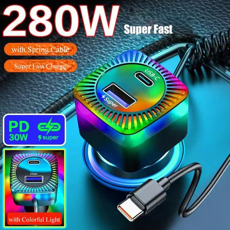 280W USB C Car Charger Adapter with Spring Cable Colorful Light PD 30W  3 in 1 Super Fast Charging for Macbook Samsung iPhone