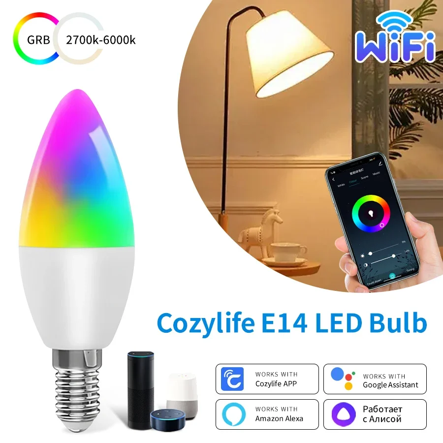 Cozylife WiFi Smart LED E14 Light Bulb RGB Bulb 5/7/9W Candle Light APP Link Alexa Google Assistant Voice On/Off Indoor Lighting