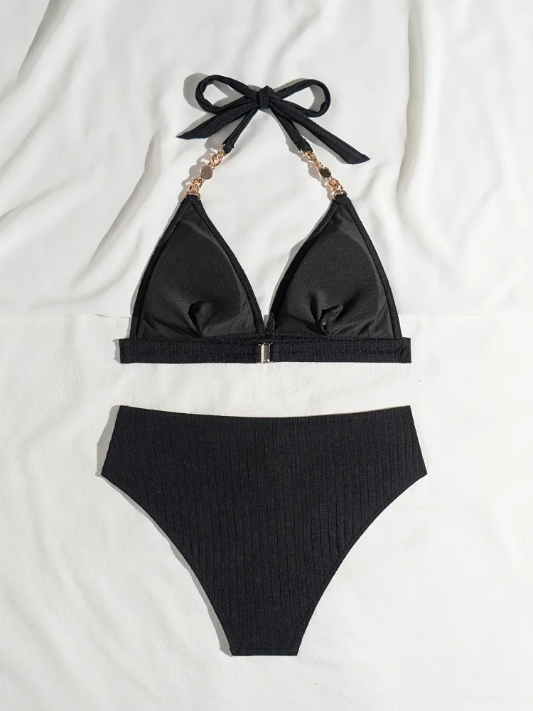 Bikini Women Swimsuit 2025 New Solid Halter Design Bikinis Set Sexy Lace Up Swimwear Summer 2 Piece Set Beachwear Bathing Suit