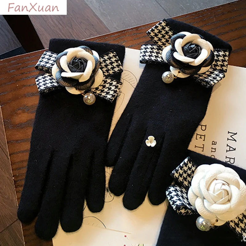 女性用冬用手袋黒い豪華な裏地大きな花のリボン付きタッチスクリーン手袋女性用