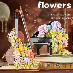 Mini Piano Violin Building Blocks Musical Instrument Preserved Flower Waterfall DIY Model Bricks Toys Children's Holiday Gifts