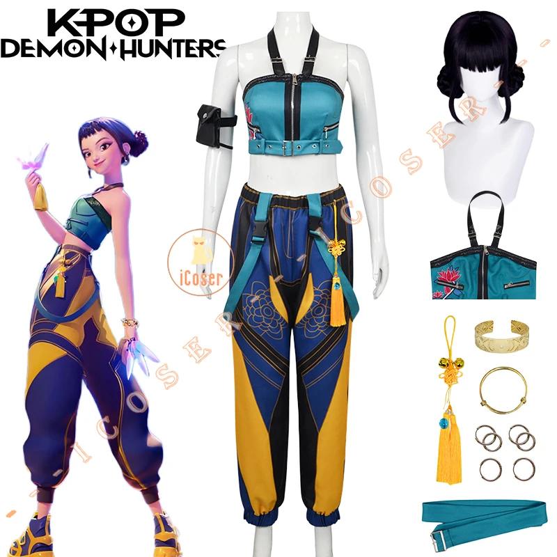

Anime KPop Demon Hunters Zoey Halloween Cosplay Costume Wig Uniform Earrings Rings Huntrix Carnival Party Outfit Women Girls